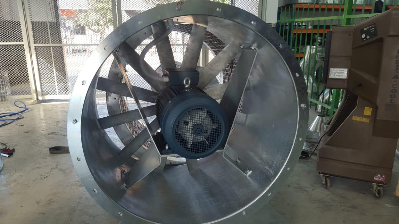 Cased axial fan and portable evaporative cooler.